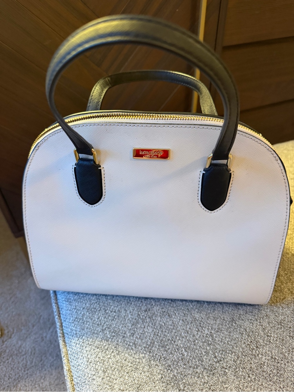 kate spade White and Black Dome Satchel with Gold Accent